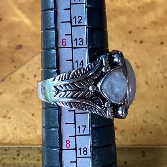 Natural Rainbow Moonstone White Topaz Sterling Silver Cocktail Ring Size 7 - Picture 8 of 9